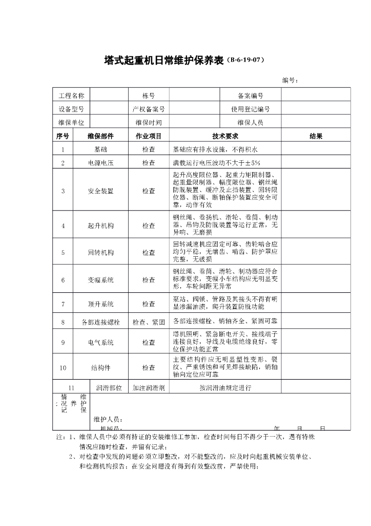 塔式起重机日常维护保养表