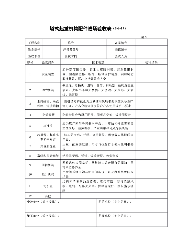 塔式起重机构配件进场验收表