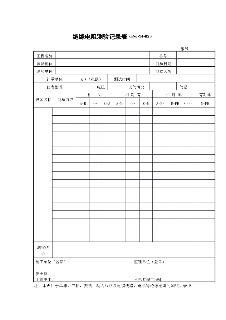 绝缘电阻测验记录表