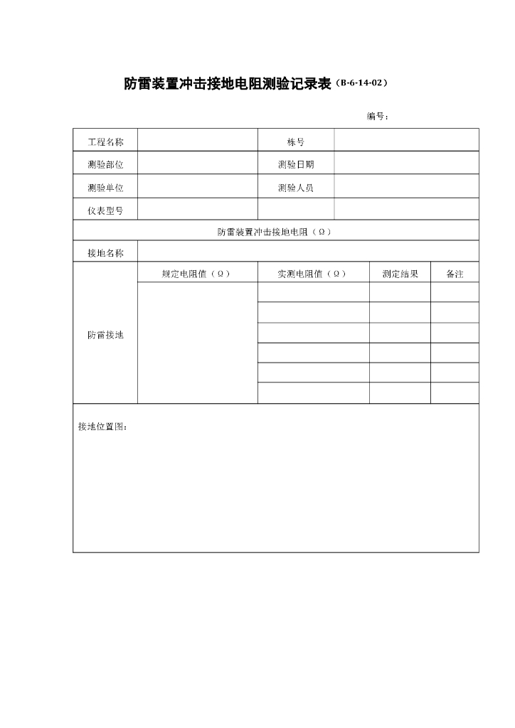 防雷装置冲击接地电阻测验记录表