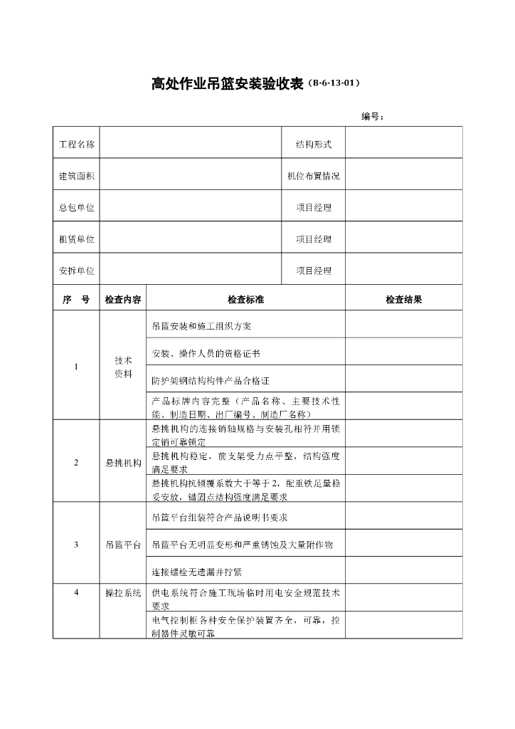 高处作业吊篮安装验收表