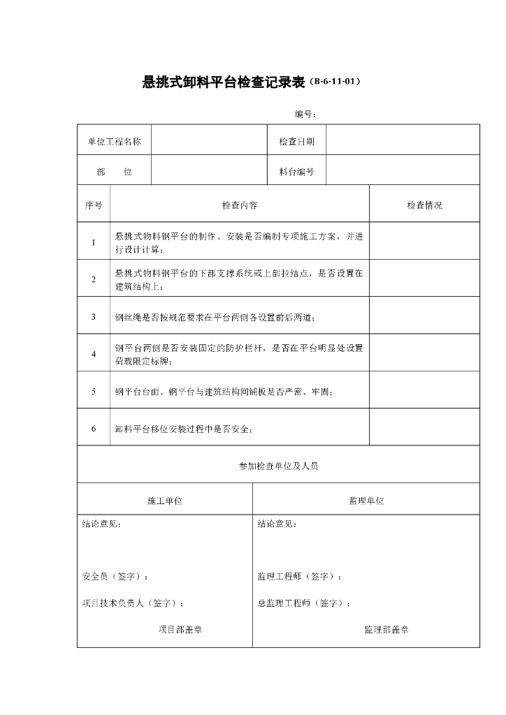 悬挑式卸料平台检查记录表