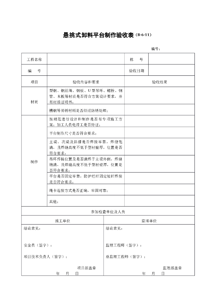 悬挑式卸料平台制作验收表