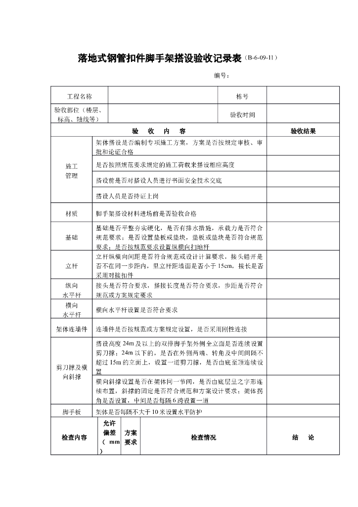 落地式钢管扣件脚手架搭设验收记录表
