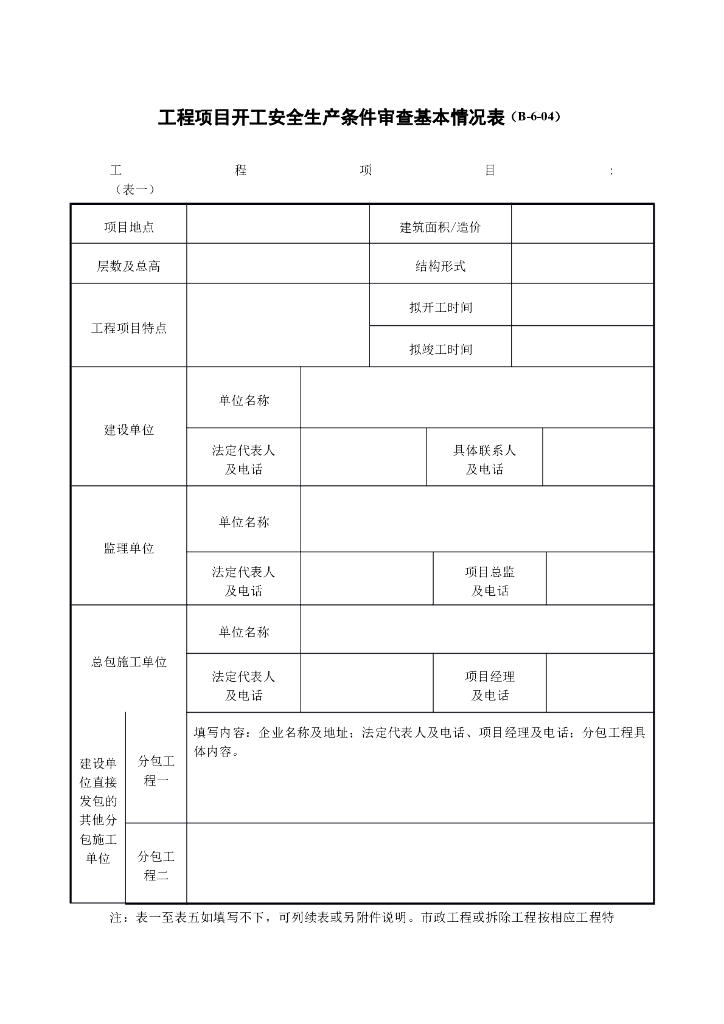 工程项目开工安全生产条件审查基本情况表