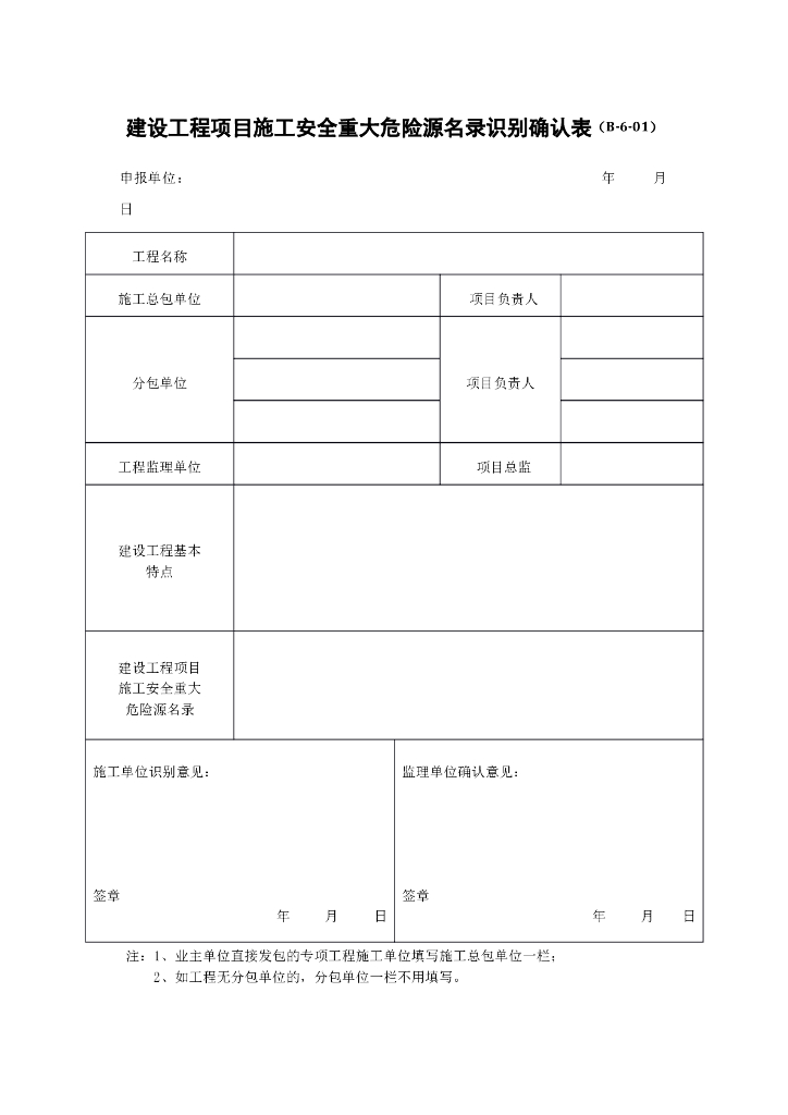 建设工程项目施工安全重大危险源名录识别确认表