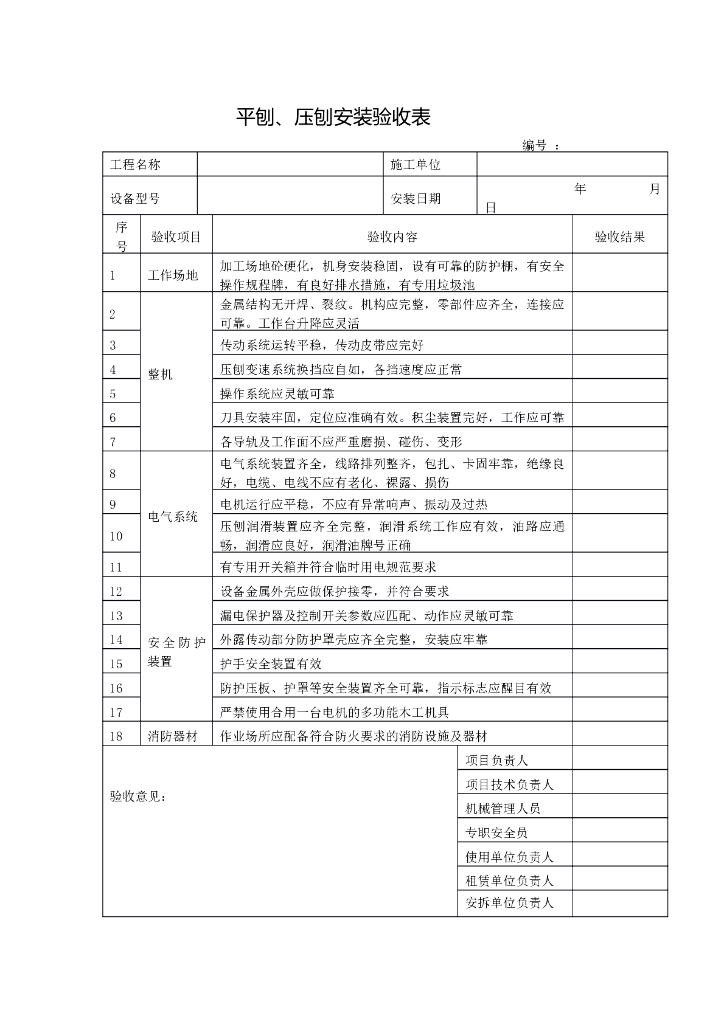 平刨、压刨安装验收表