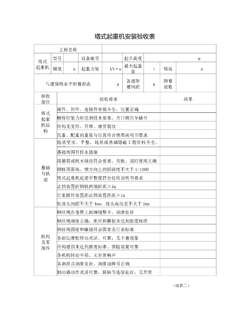 塔式起重机安装验收表