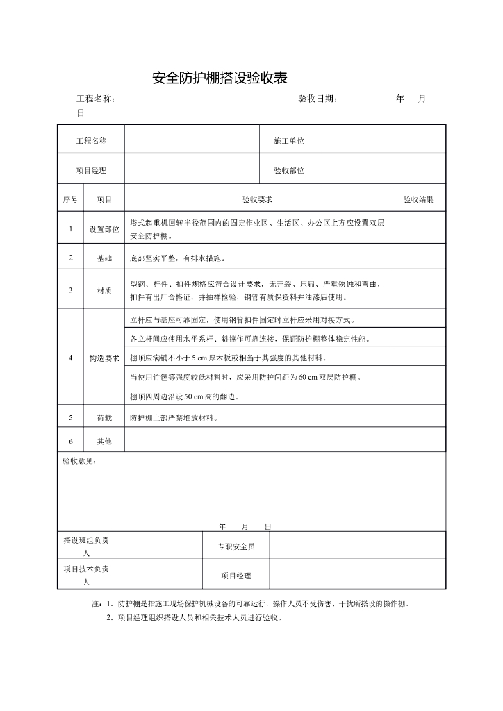 安全防护棚搭设验收表