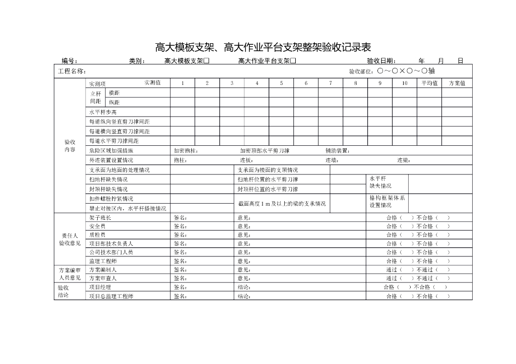 高大模板支架、高大作业平台支架整架验收记录表