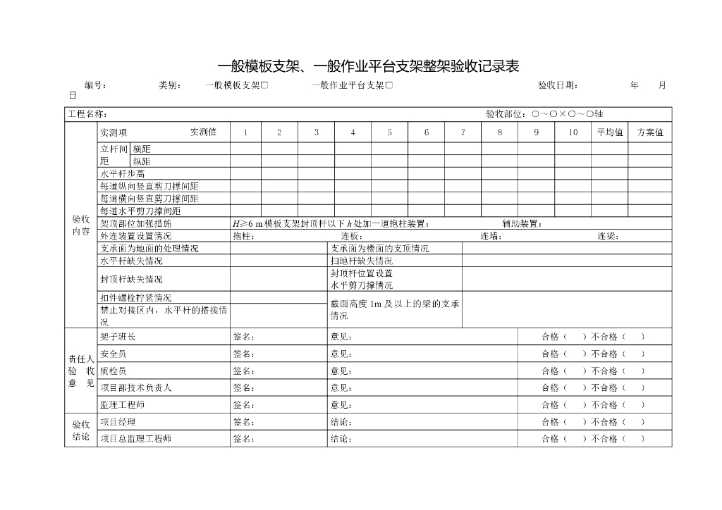 一般模板支架、一般作业平台支架整架验收记录表