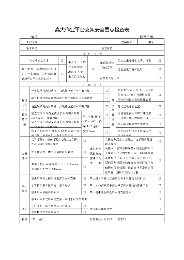 [安全检查]高大作业平台支架安全要点检查表