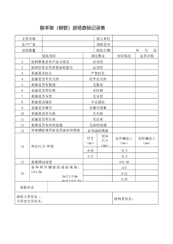 脚手架（钢管）进场查验记录