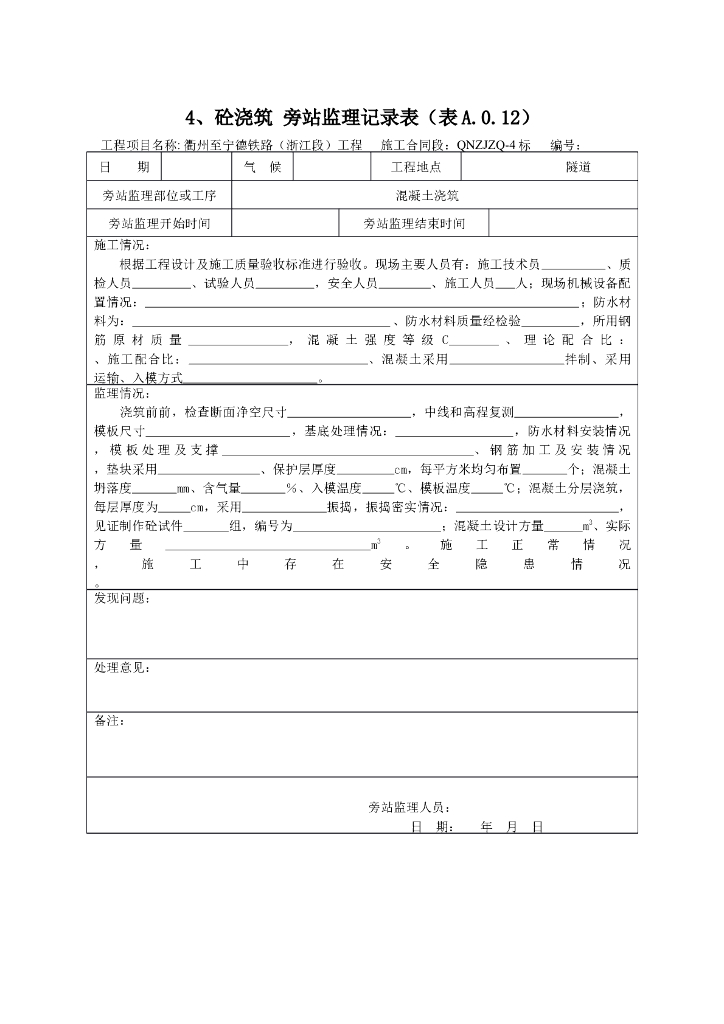 [旁站记录]砼浇筑旁站监理记录表