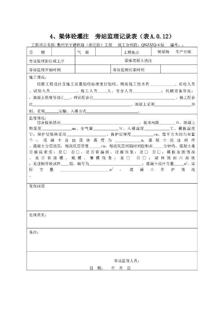 [旁站记录]梁体砼灌注旁站监理记录表