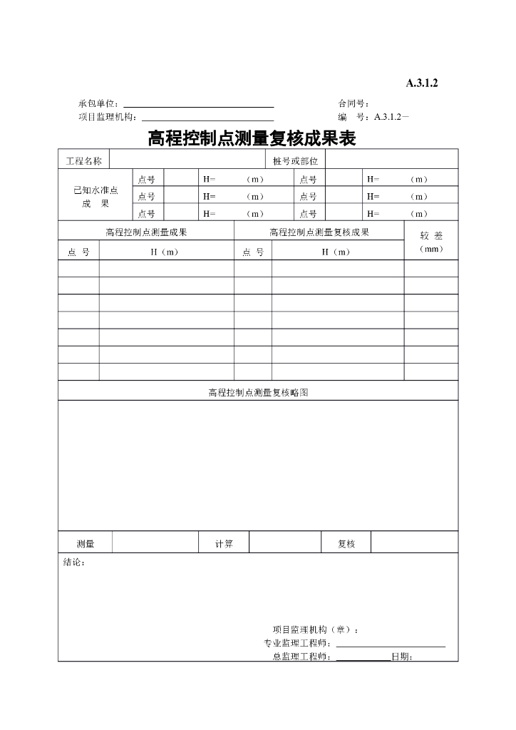 高程控制点测量复核成果表