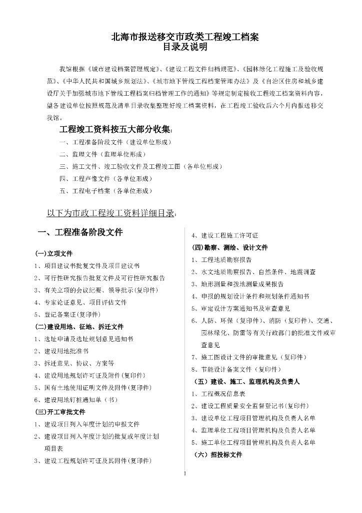 [市政]报送移交市政类工程竣工档案目录及说明