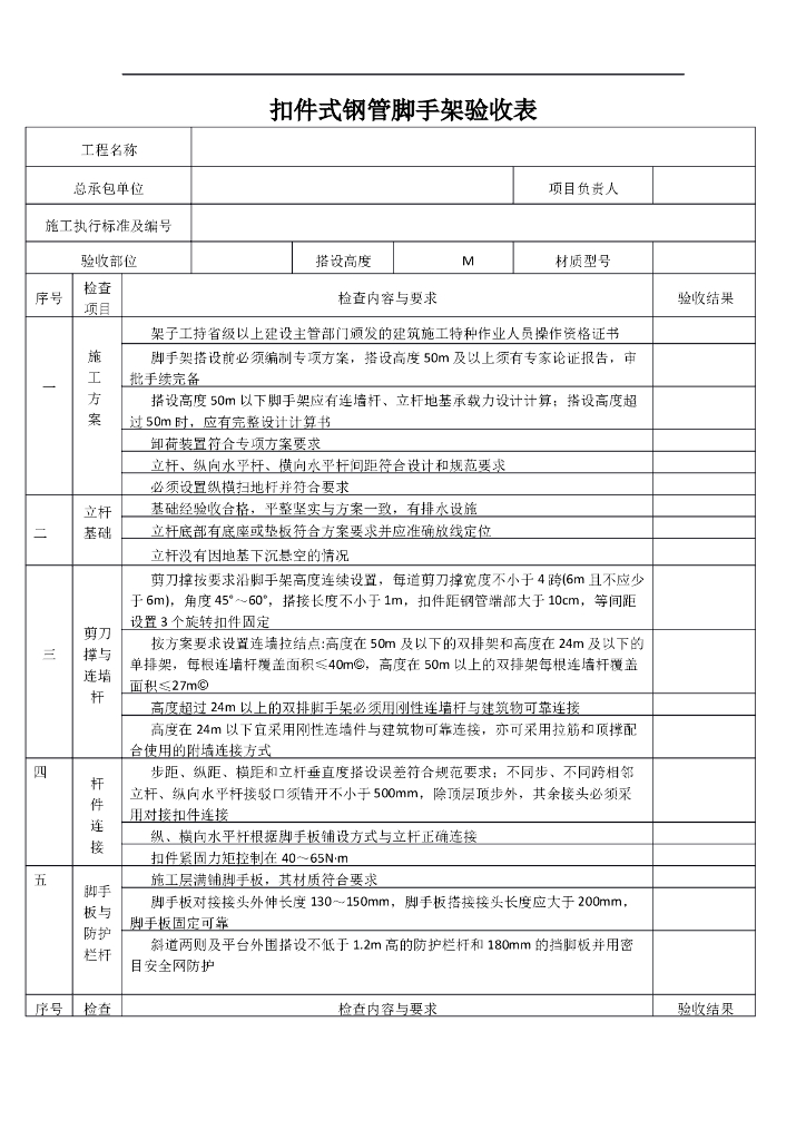 扣件式钢管脚手架验收表