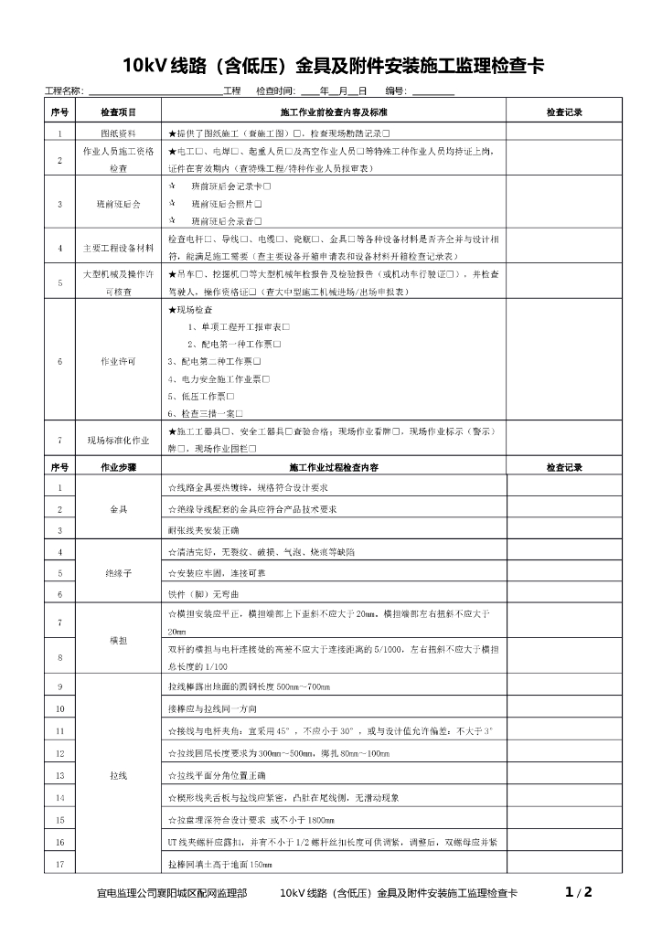施工监理检查卡与巡查卡模板