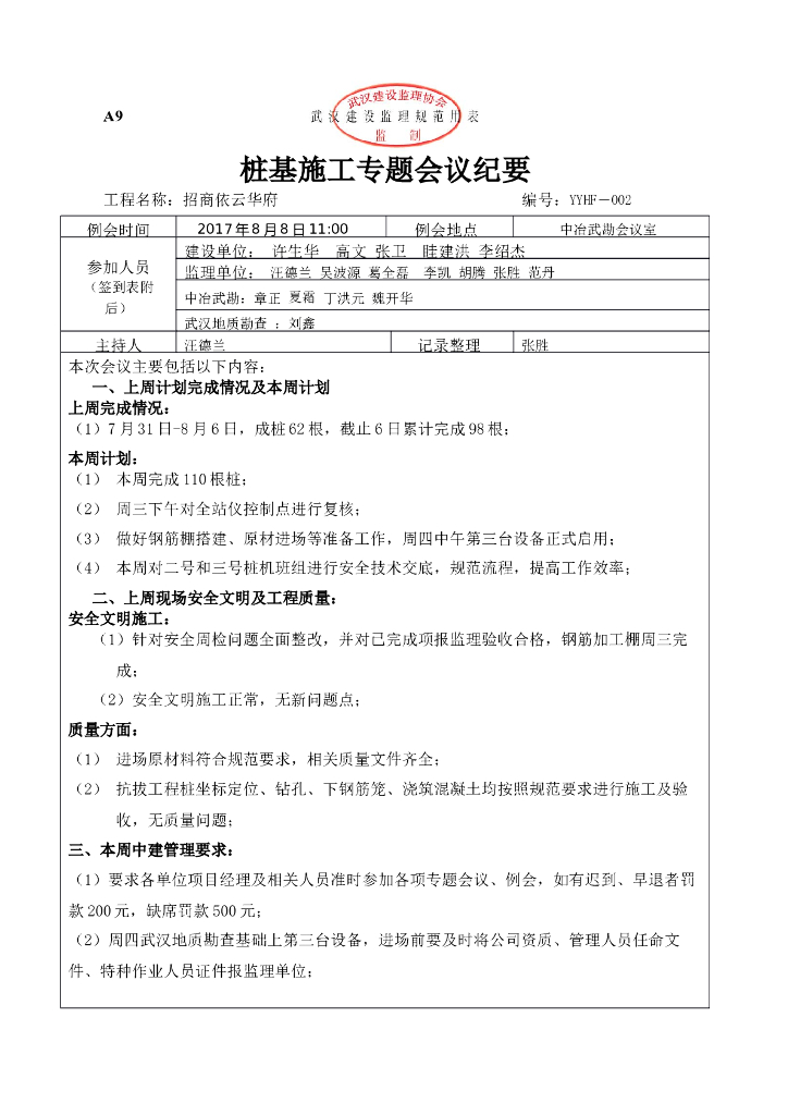 桩基施工专题会议纪要