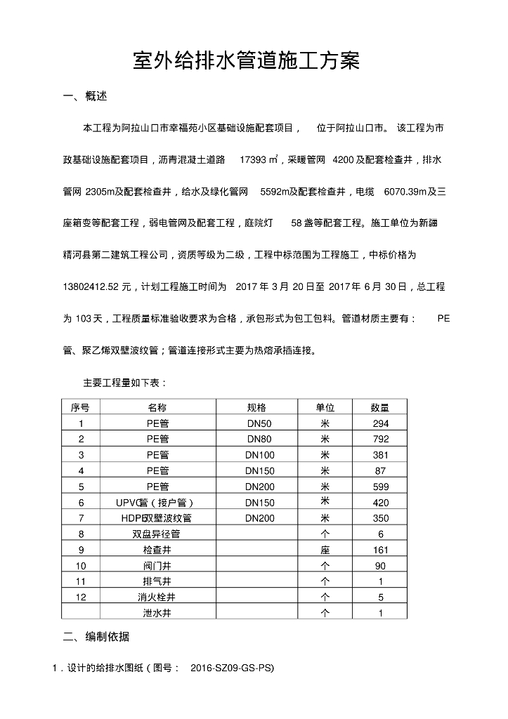 住宅居住小区基础设施配套项目室外给排水管道施工方案