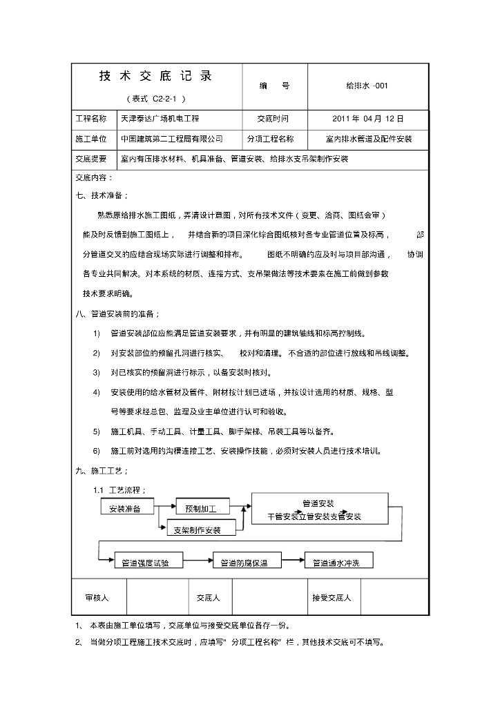 给排水支吊架压力排水技术交底