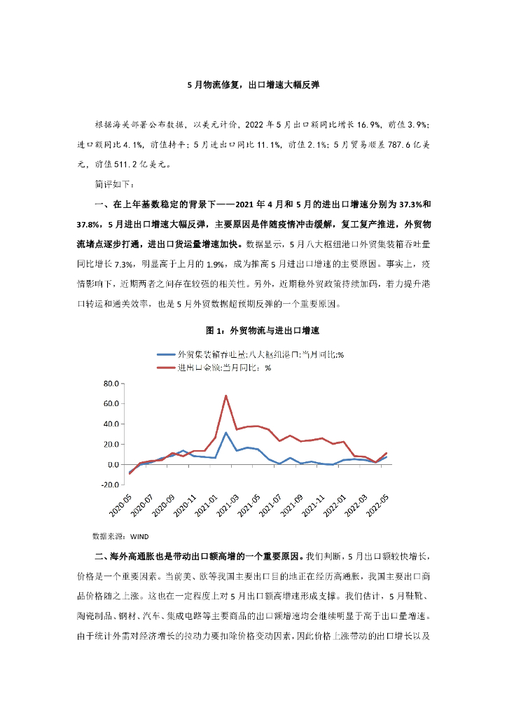 东方金诚：2022年5月进出口数据简评-5月物流修复，出口增速大幅反弹