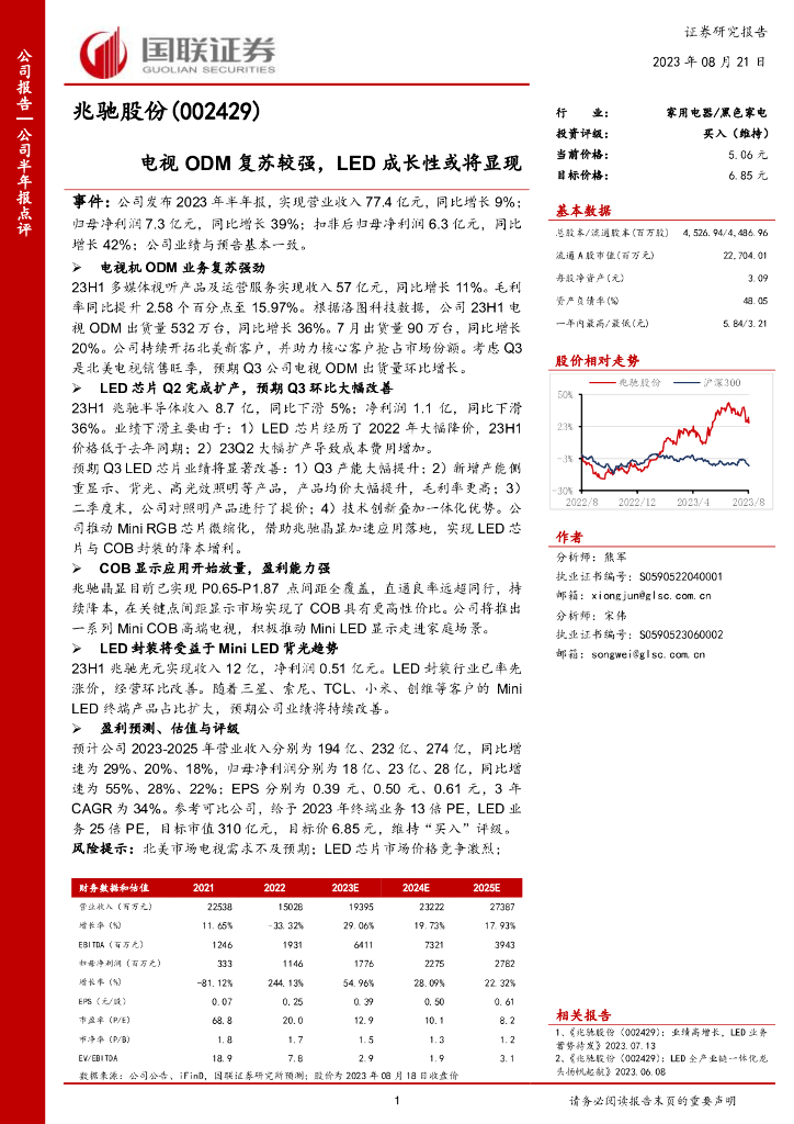 国联证券：兆驰股份（002429）-电视ODM复苏较强，<em>LED</em>成长性或将显现 海报