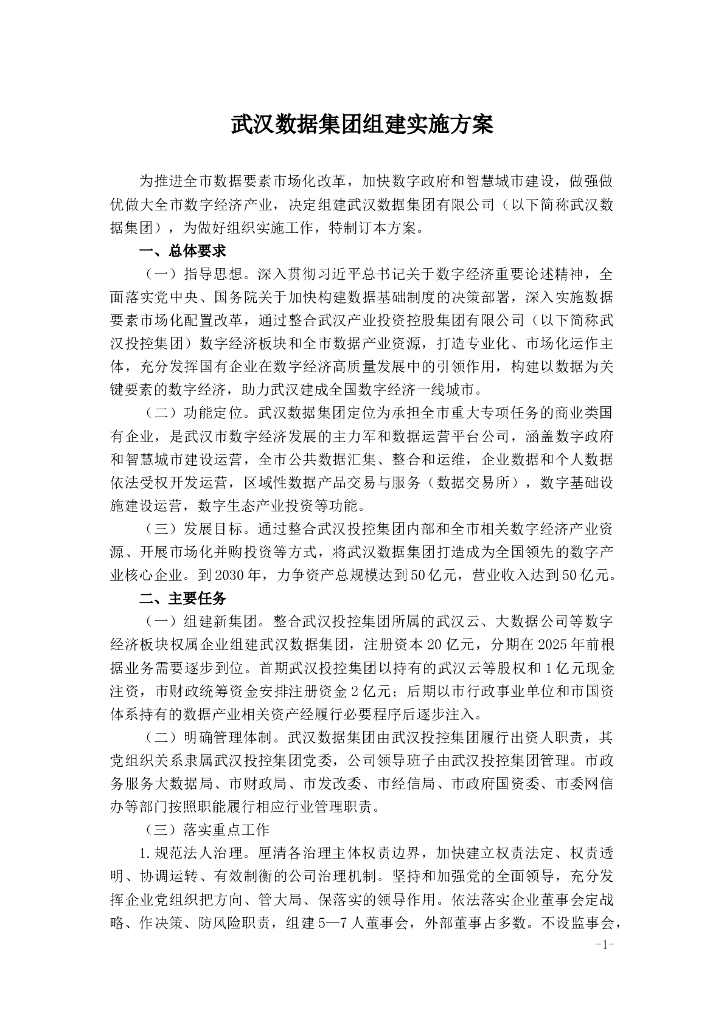 武汉数据集团组建实施方案
