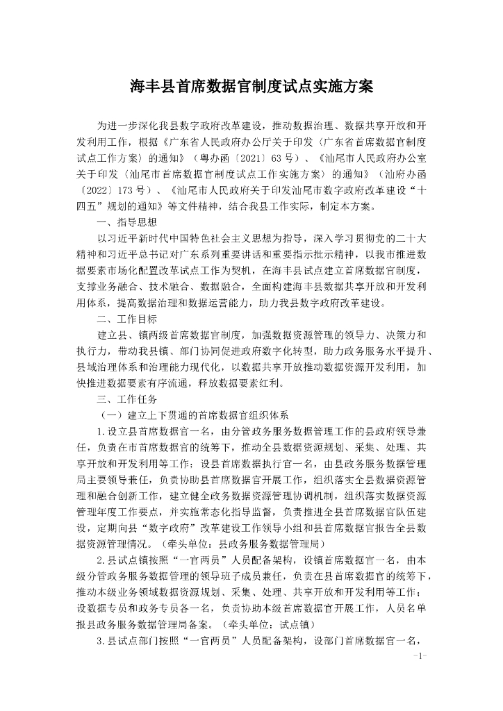 海丰县首席数据官制度试点实施方案