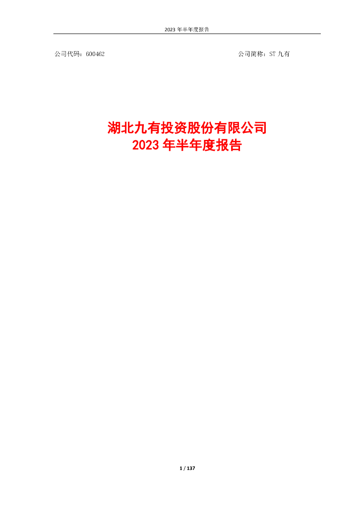 600462-ST九有：湖北九有投资股份有限公司2023年半年度报告