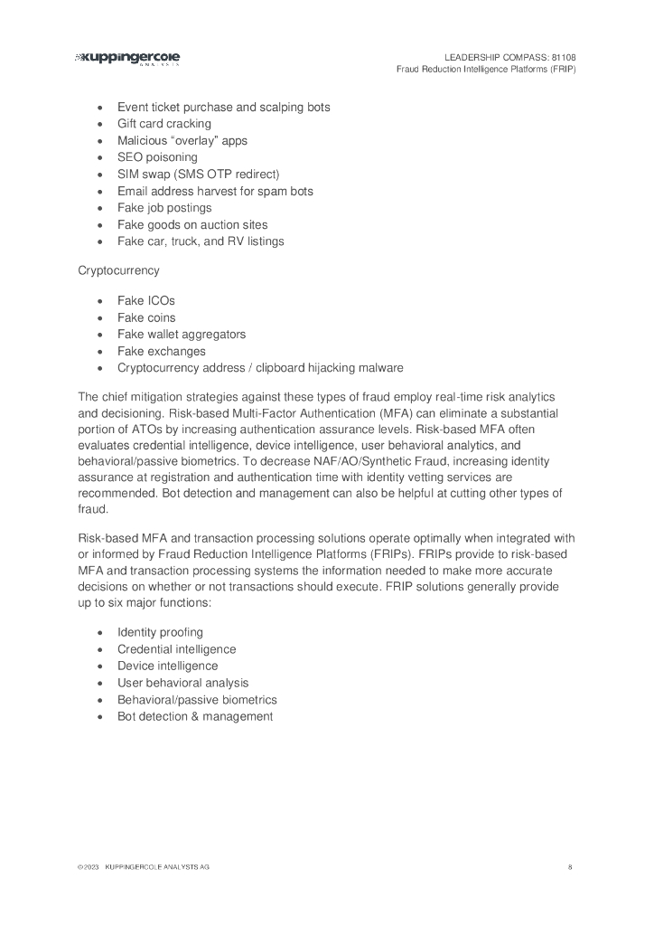 KuppingerCole：领导力指南针：欺诈预防情报平台 (FRIP)（英文版）_第8页