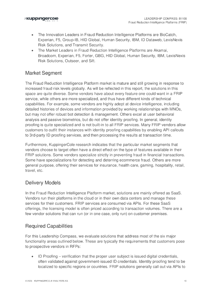 KuppingerCole：领导力指南针：欺诈预防情报平台 (FRIP)（英文版）_第10页