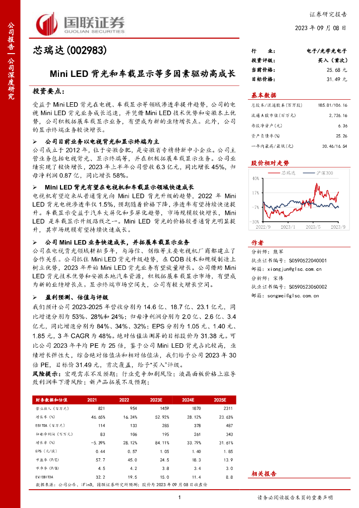 国联证券：芯瑞达（002983）-Mini <em>LED</em>背光和车载显示等多因素驱动高成长 海报