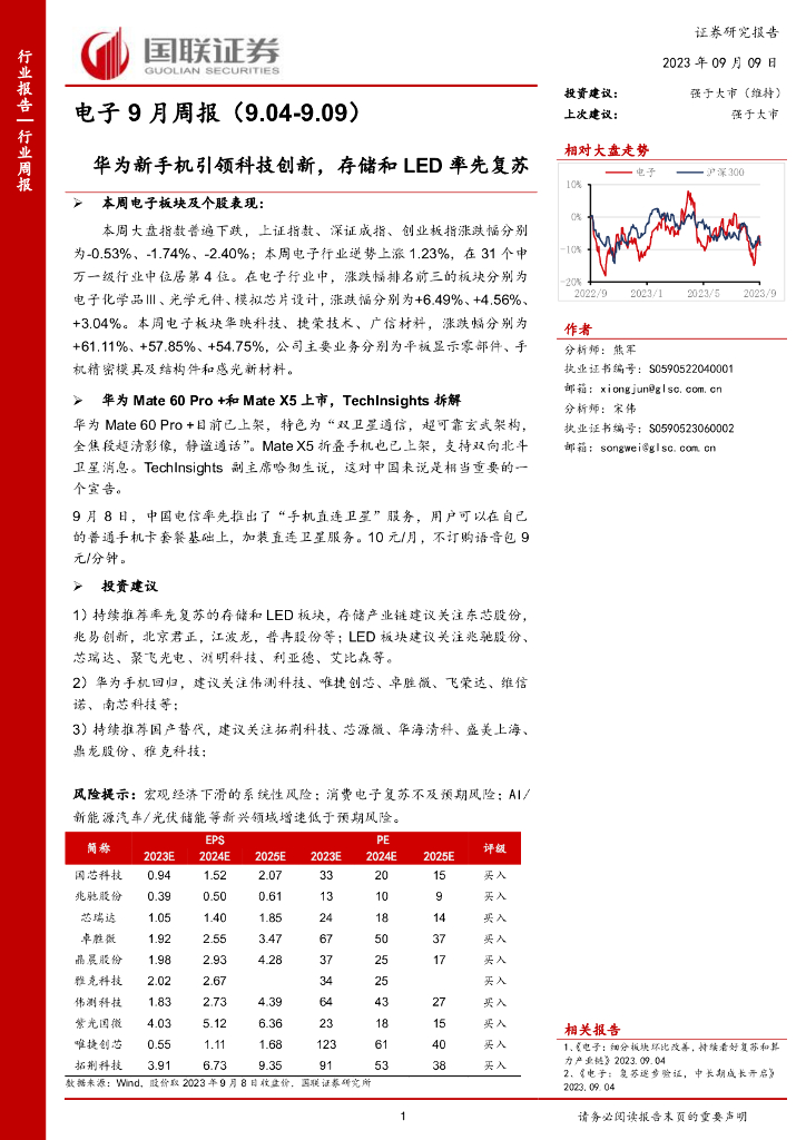 国联证券：电子9月周报：华为新手机引领科技创新，存储和<em>LED</em>率先复苏 海报