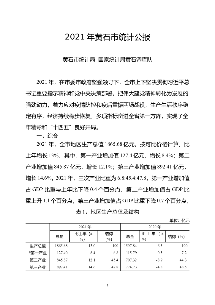 黄石市2021年国民经济和社会发展统计公报