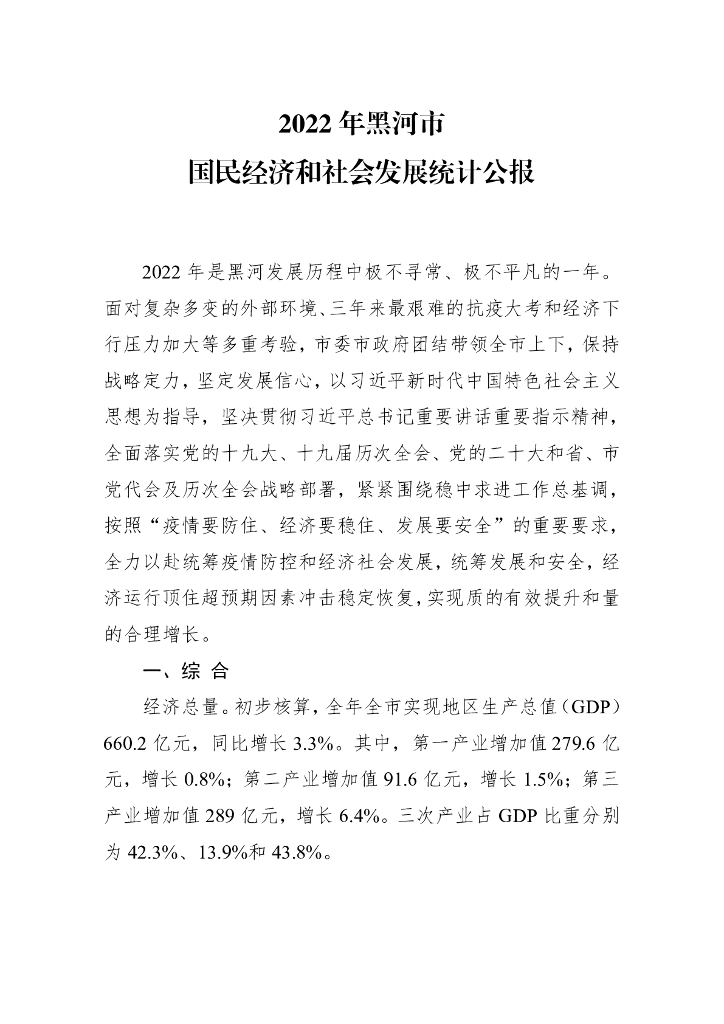黑河市2022年国民经济和社会发展统计公报