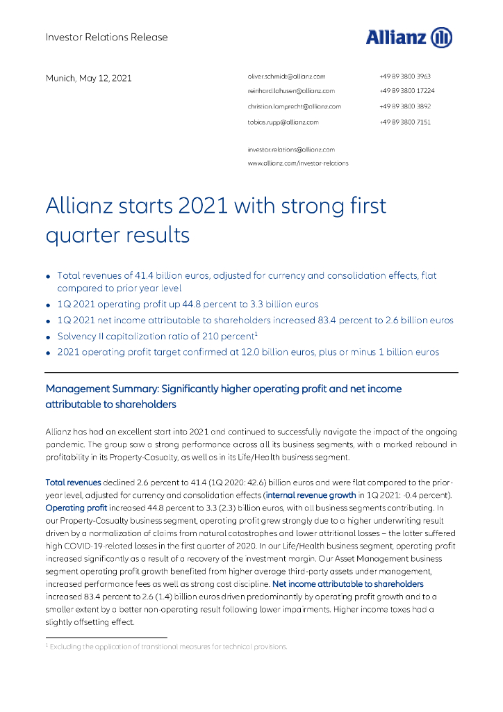 安联保险集团（ALLIANZ）2021年第一季度财报（英文版）