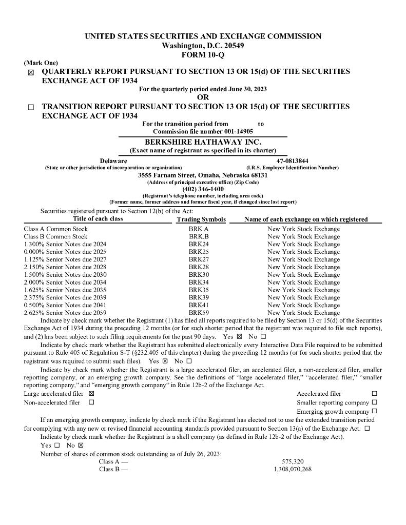 伯克希尔-哈撒韦公司（BERKSHIRE HATHAWAY）2023年第二季度财报（英文版）