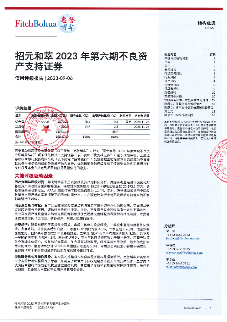 惠誉博华：招元和萃2023年第六期不良资产支持证券评级报告