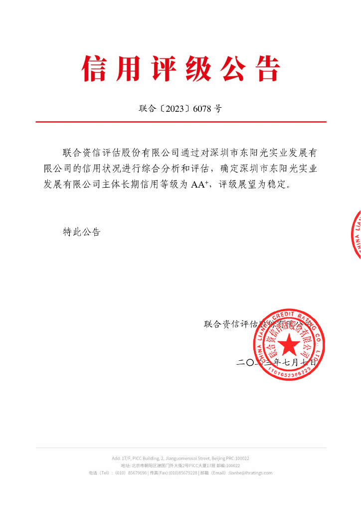 联合资信：深圳市东阳光实业发展有限公司主体长期信用评级报告