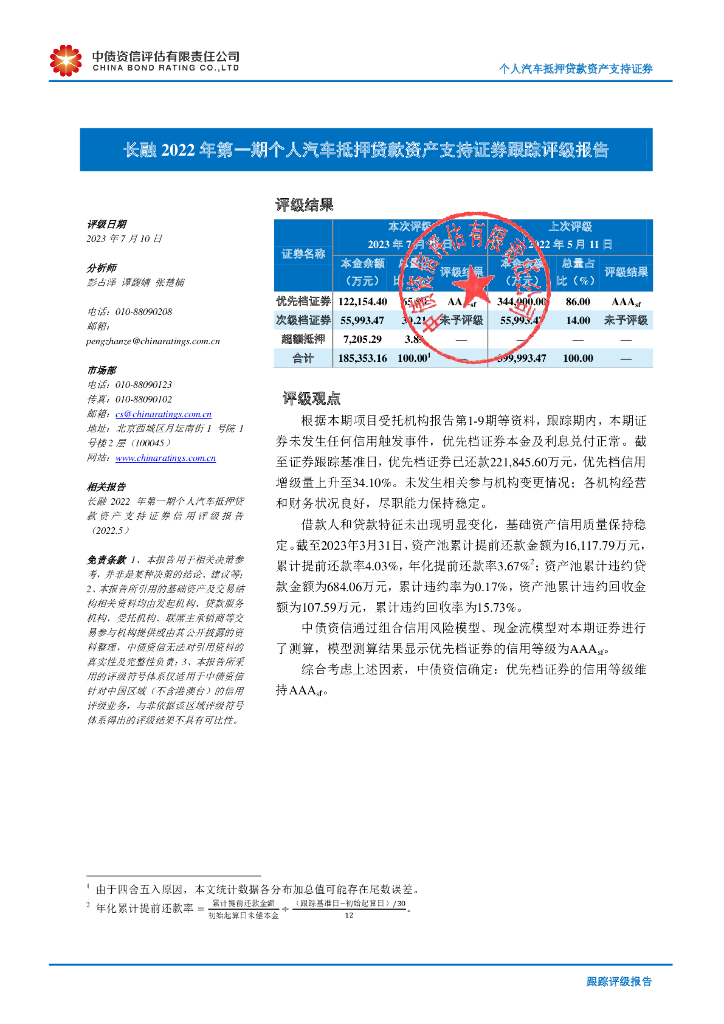 中债资信：长融2022年第一期个人汽车抵押贷款资产支持证券跟踪评级报告