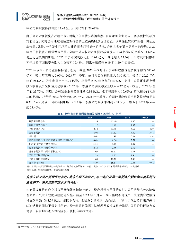 中诚信：华能天成融资租赁有限公司2023年度第二期绿色中期票据(碳中和债)信用评级报告_第10页