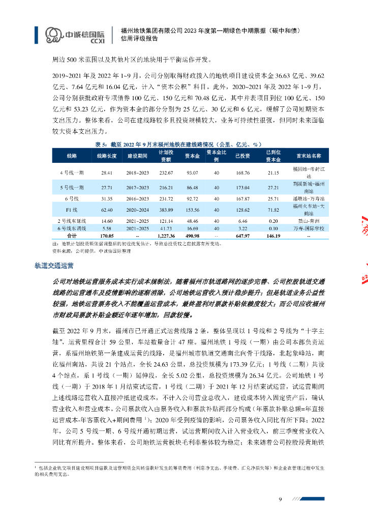 中诚信：福州地铁集团有限公司2023年度第一期绿色中期票据(碳中和债)信用评级报告_第9页