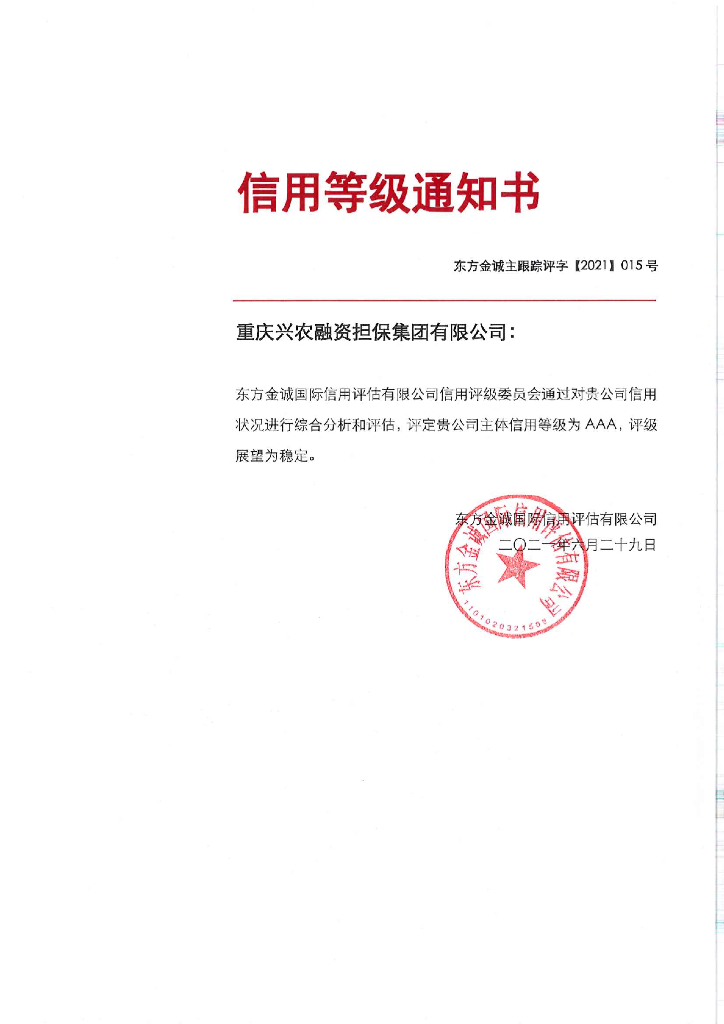 东方金诚：重庆兴农融资担保集团有限公司2021年主体信用评级报告