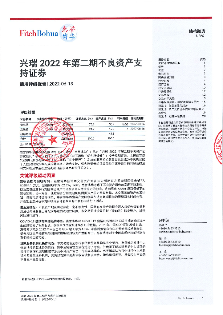 惠誉博华：兴瑞2022年第二期不良资产支持证券信用评级报告-惠誉博华