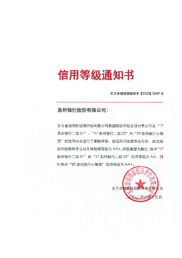 东方金诚：泉州银行股份有限公司主体及相关债项2022年度跟踪评级报告