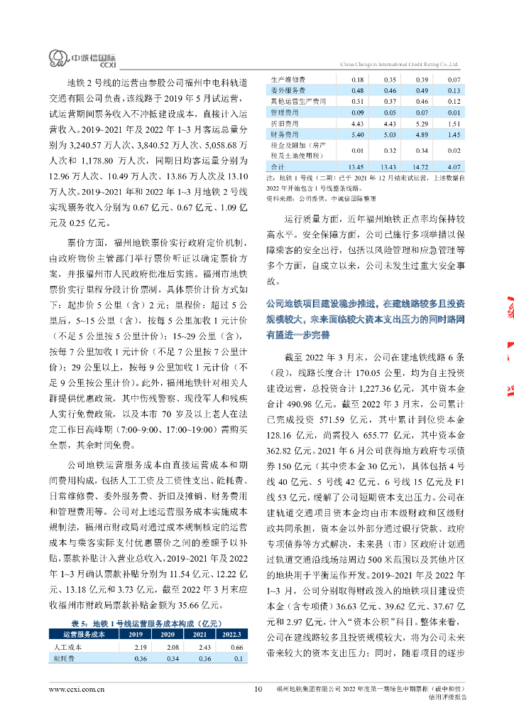 中诚信：福州地铁集团有限公司2022年度第一期绿色中期票据(碳中和债)信用评级报告_第10页