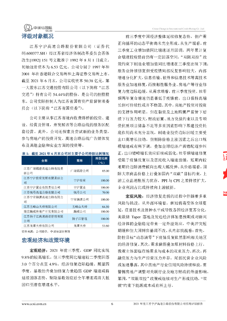 中诚信：2021年度江苏宁沪高速公路股份有限公司信用评级报告_第6页