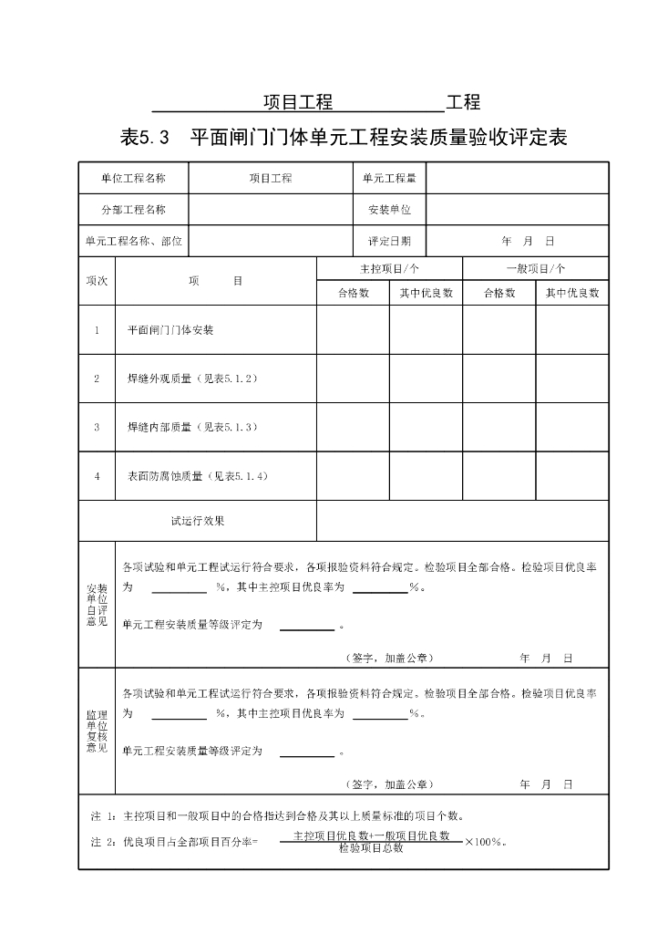 水利平面闸门门体安装质量验收评定表